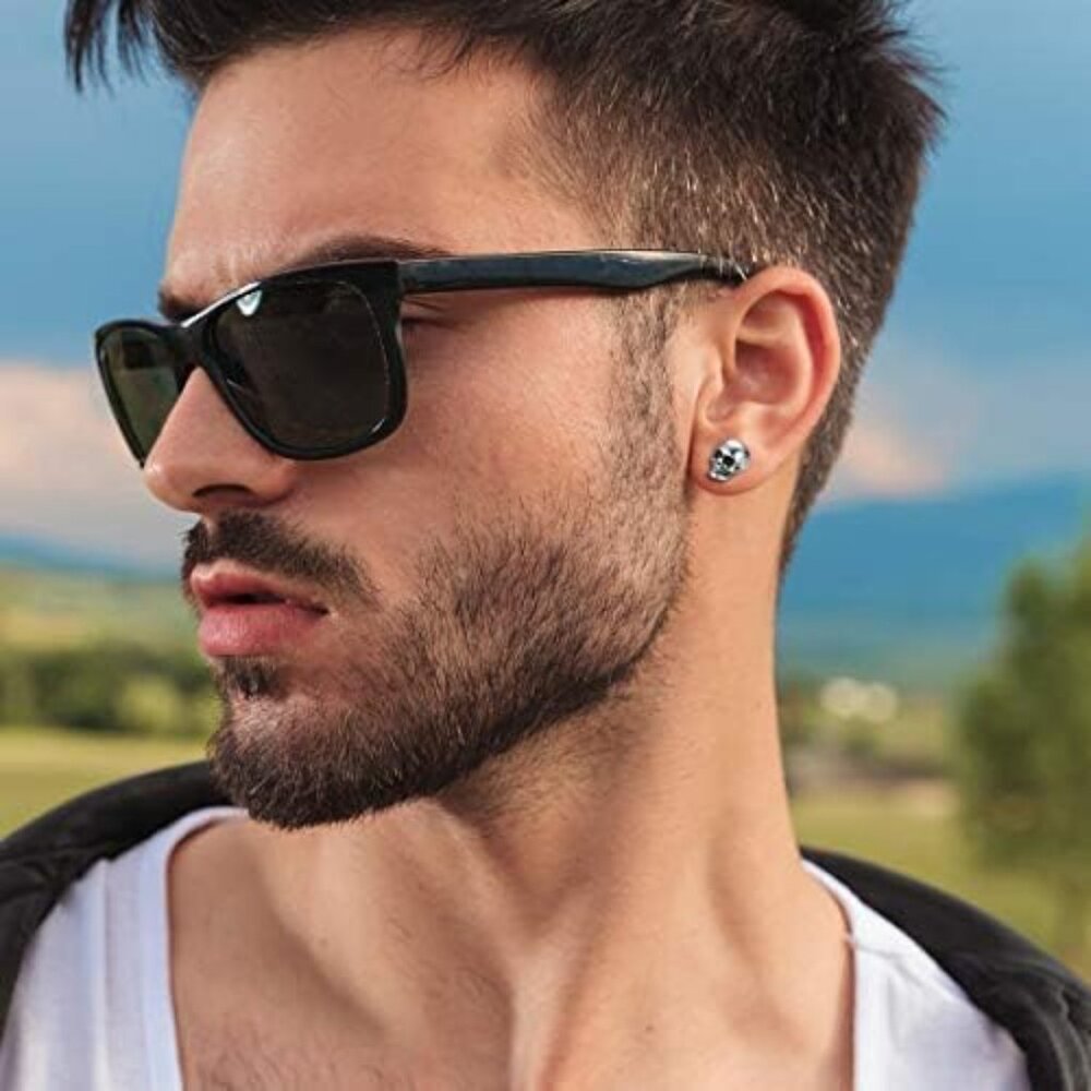 2 Pairs Punk Stainless Steel Stud Skull Earrings, Mens Silver Black Rock Ear Pie View 4